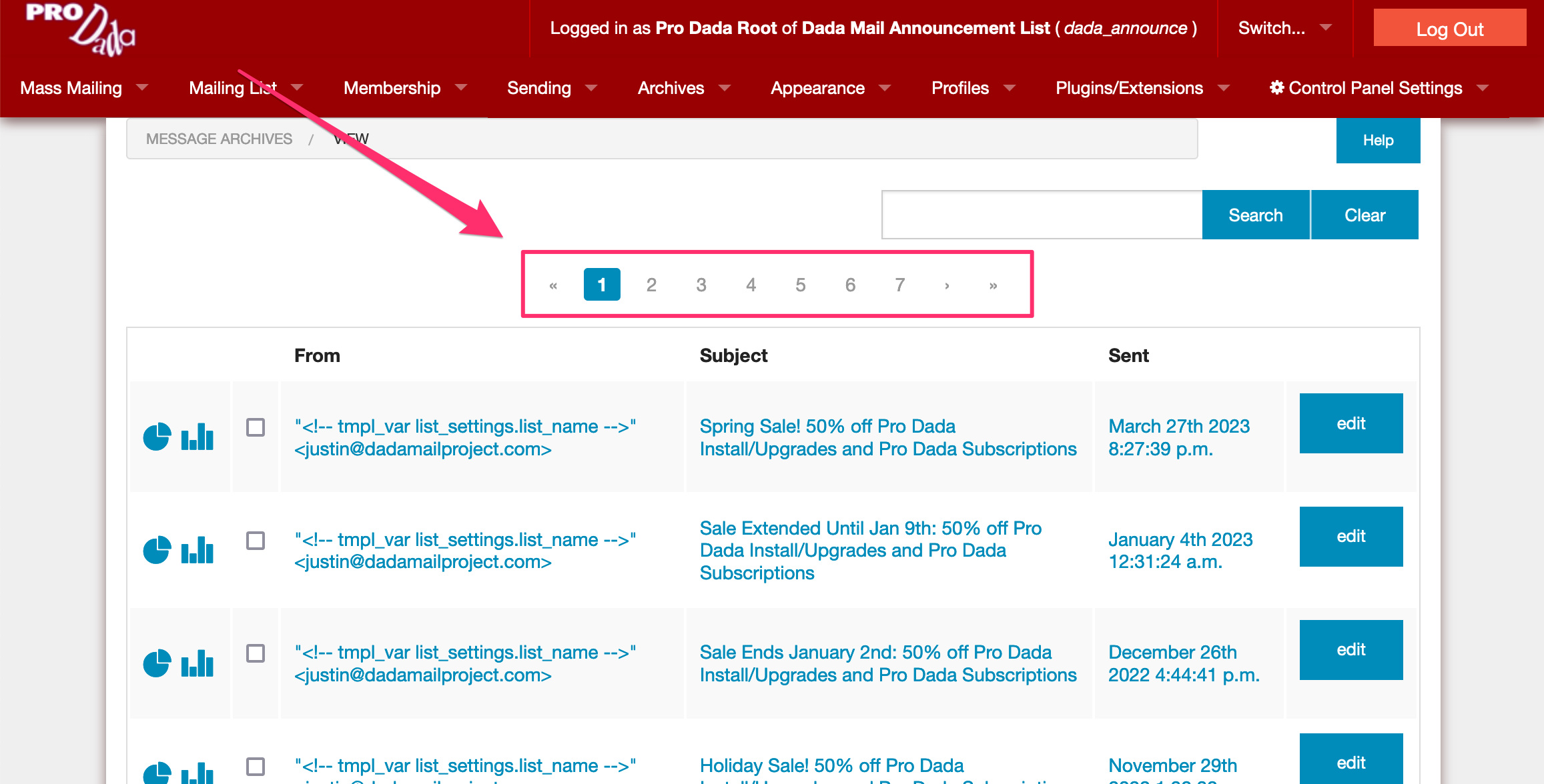 Pagination is also now present when looking at the archives in the list control panel